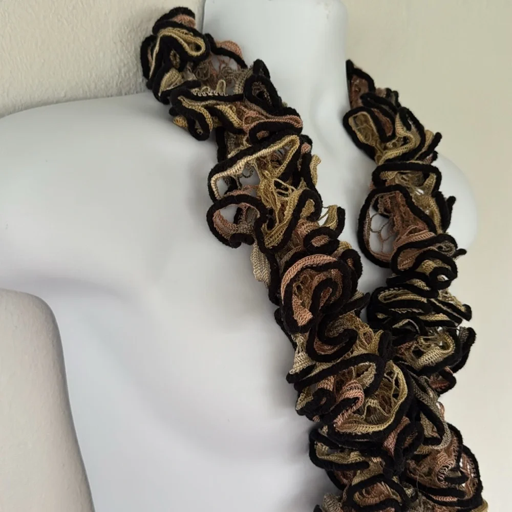 Handmade tan pink black woven crochet lace textured neck scarf one size